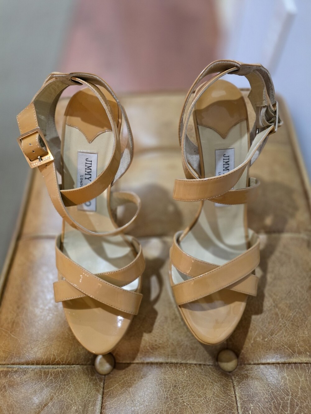 Jimmy Choo Patent Leather Strap Sandals in Nude Tan (8.5 US Size)